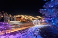 Blue Mountain Village in winter Lit up with Christmas Lights at Night Royalty Free Stock Photo