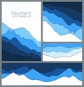 Blue mountains backgrounds in paper cut style. Outdoor cards collection. Vector illustrations