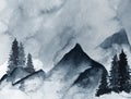 Blue Mountains in fog hand drawn with ink in minimalist style Royalty Free Stock Photo