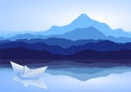 Blue mountains, lake and paper ship Royalty Free Stock Photo