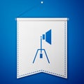 Blue Movie spotlight icon isolated on blue background. Light Effect. Scene, Studio, Show. White pennant template. Vector