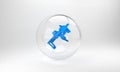 Blue MP9 submachine gun icon isolated on grey background. Automatic weapon. Glass circle button. 3D render illustration