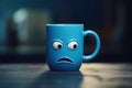 A blue mug with a cartoonish sad face design Royalty Free Stock Photo