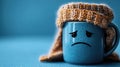 A blue mug with a cartoonish sad face illustration Royalty Free Stock Photo