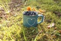 Blue mug with a heart filled with blueberries