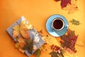 Blue mug with hot tea and a painted heart, book, glasses, autumn foliage on a yellow background, top view - the concept of Royalty Free Stock Photo