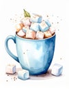 Blue Mug Overflowing with Colorful Marshmallows Watercolor Illustration Royalty Free Stock Photo