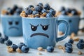 A blue mug with a sad face filled with blueberries Royalty Free Stock Photo