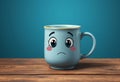 Blue mug with sad face on wooden table against teal background Royalty Free Stock Photo
