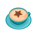 Blue mug of coffee with star drawing on foam of cinnamon powder. Latte art. Cup of fresh cappuccino Flat vector icon Royalty Free Stock Photo