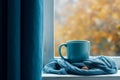 Blue mug window scarf. Generate Ai Royalty Free Stock Photo