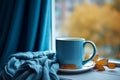 Blue mug window scarf mood. Generate Ai Royalty Free Stock Photo