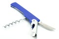 Blue multi-purpose tool with cockscrew and knife blade isolated Royalty Free Stock Photo