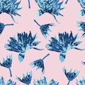 Blue mums on pink background seamless pattern