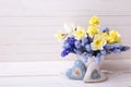 Blue muscaries and yellow narcissus flowers in vase and two de