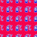 Blue Music player icon isolated seamless pattern on red background. Portable music device. Vector Illustration Royalty Free Stock Photo