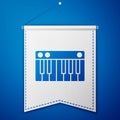 Blue Music synthesizer icon isolated on blue background. Electronic piano. White pennant template. Vector Illustration