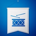 Blue Musical instrument drum and drum sticks icon isolated on blue background. White pennant template. Vector Royalty Free Stock Photo