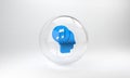 Blue Musical note in human head icon isolated on grey background. Glass circle button. 3D render illustration Royalty Free Stock Photo