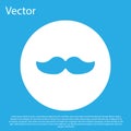 Blue Mustache icon isolated on blue background. Barbershop symbol. Facial hair style. White circle button. Vector