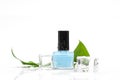 Blue nail polish bottle on white background. Blue nail polish bottle with green leaves and ice decor. Eco nail design Royalty Free Stock Photo