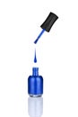 Blue nail polish glass bottle, brush, drop white background isolated close up, mirror reflection, dark blue open varnish package