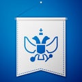 Blue National emblem of Russia icon isolated on blue background. Russian coat of arms two-headed eagle. White pennant