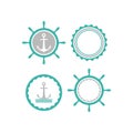 Blue nautical labels set. helm and anchor isolated on white. Ship and boat steering wheel sign Royalty Free Stock Photo