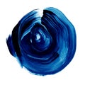 Blue navy peony textured acrylic circle. Watercolour stain on white background.