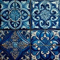 Blue navy vintage mosaic tile background. Abstract floral ceramic azulejo pattern in spanish or moroccan style. Generative AI