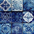 Blue navy vintage mosaic tile background. Abstract floral ceramic azulejo pattern in spanish or moroccan style. Generative AI