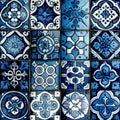 Blue navy vintage mosaic tile background. Abstract floral ceramic azulejo pattern in spanish or moroccan style. Generative AI