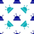 Blue Needle bed and needles icon isolated seamless pattern on white background. Handmade and sewing theme. Vector Royalty Free Stock Photo