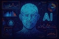 Blue neon abstract human face with A I data charts and security lock AI artificial intelligence abstract face Royalty Free Stock Photo
