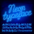 Blue Neon alphabet font. Blue neon color lowercase and uppercase script letters and numbers. Royalty Free Stock Photo