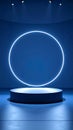 Blue Neon Circle Stage With Podium In Dark Room Blue Light Illuminating The Space Royalty Free Stock Photo