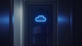 A blue neon cloud icon illuminates a server rack, symbolizing digital storage and connectivity Royalty Free Stock Photo
