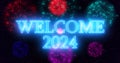 Neon color Goodbye 2023 Welcome 2024 text illustration with neon colorful fireworks in high-resolution.