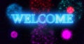 Neon color Goodbye 2023 Welcome 2024 text illustration with neon colorful fireworks in high-resolution.