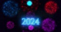 Neon color Goodbye 2023 Welcome 2024 text illustration with neon colorful fireworks in high-resolution.