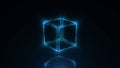 Blue neon cube rotating in 3d space