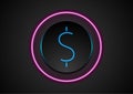 Blue neon dollar symbol and purple circle background Royalty Free Stock Photo