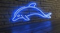 Blue Neon Dolphin Sign on Brick Wall Royalty Free Stock Photo