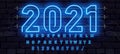 Blue neon font, complete Alphabet and numbers. Glowing alphabet, electric stand, against a brick wall background, Electric Abc