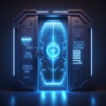 Blue neon gateway in future spaceship. Futuristic metal secret door, scanner, portail, future design concept. Cyberpunk