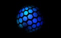 Blue neon hexagon pattern sphere. 3d halftone hemisphere concept. Grid globe futuristic element. Round shape for tech