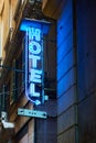 Blue neon hotel sign Royalty Free Stock Photo