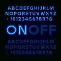 Blue Neon Light Alphabet Font. Two different styles. Lights on or off. Royalty Free Stock Photo