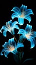 blue neon light flowers on black background generative AI Royalty Free Stock Photo