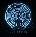 Blue neon meditating man silhouette with maze on outer space background. Royalty Free Stock Photo